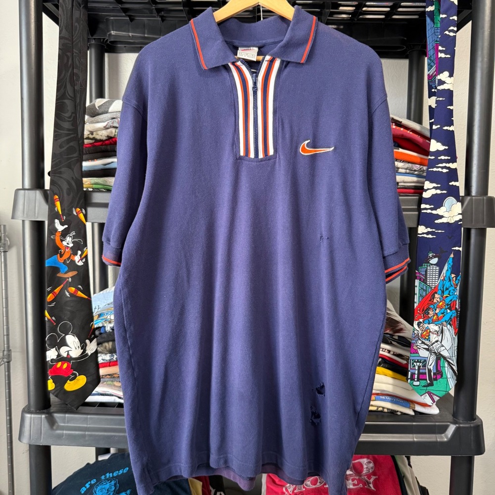 Vintage 90s Blue Nike Quarter Zip Polo Shirt Large Distressing